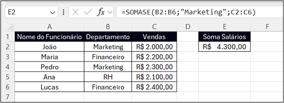 Exemplo 2 de como aplicar a função SOMASE