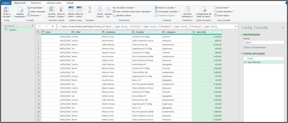 tela inicial do power query