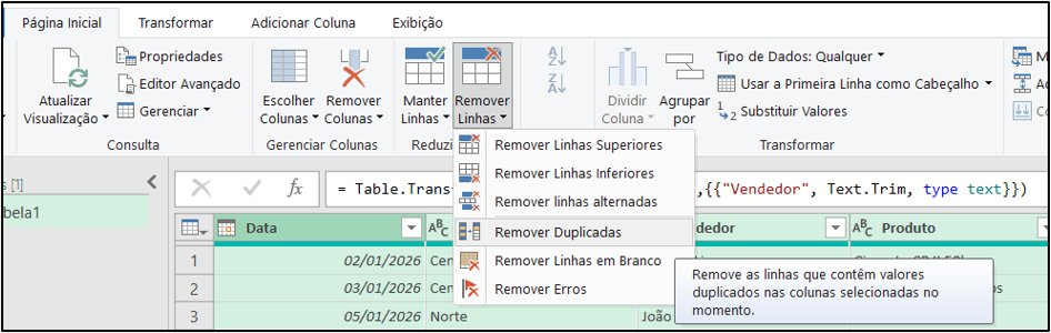 removendo duplicadas no power query