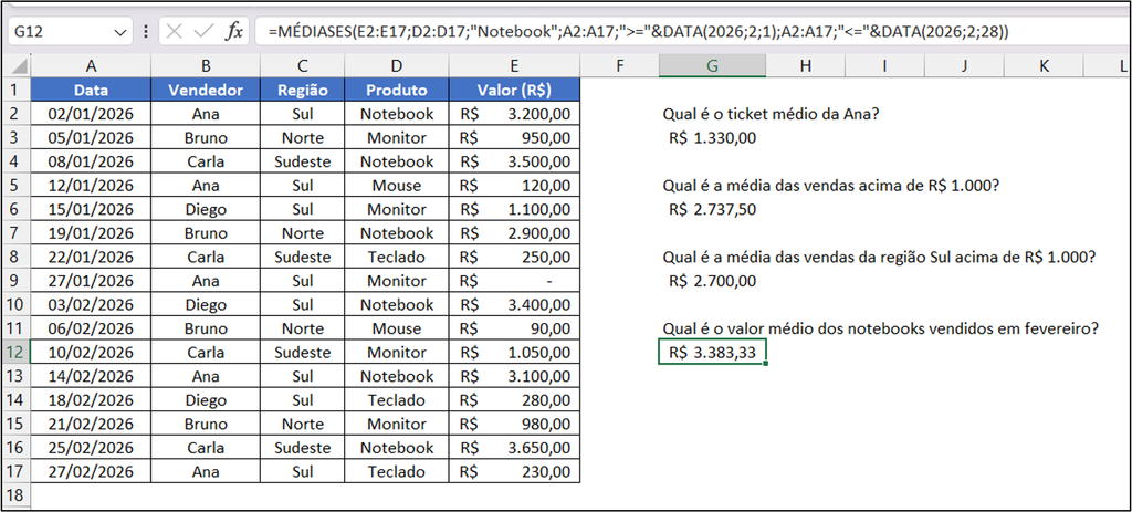 aplicando a função médiases com critério de data
