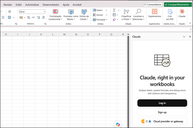 tela de login para conectar o claude no excel