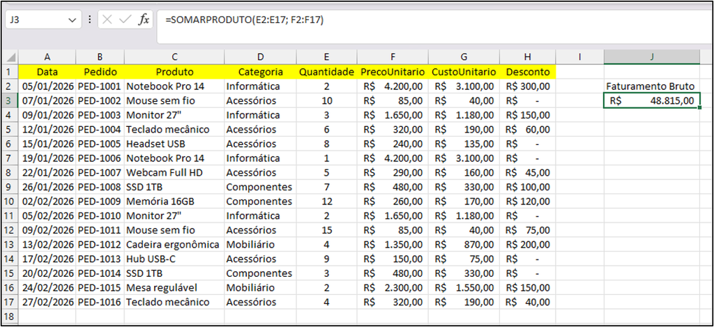 exemplo de uso da função SOMARPRODUTO