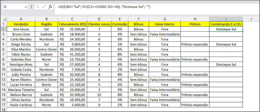 Função Se combinado com as funções E e OU