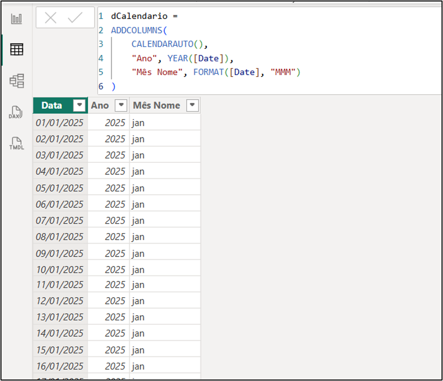 tabela calendario para os exemplos