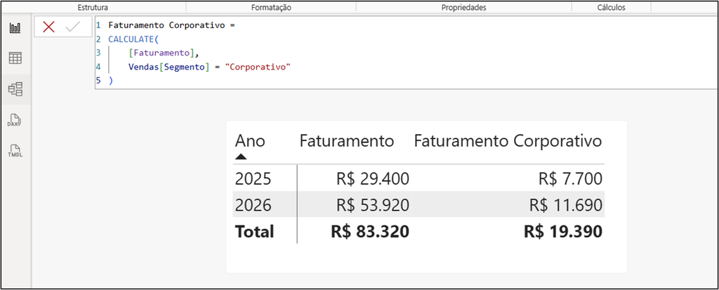 função CALCULATE sobre adicionar filtro