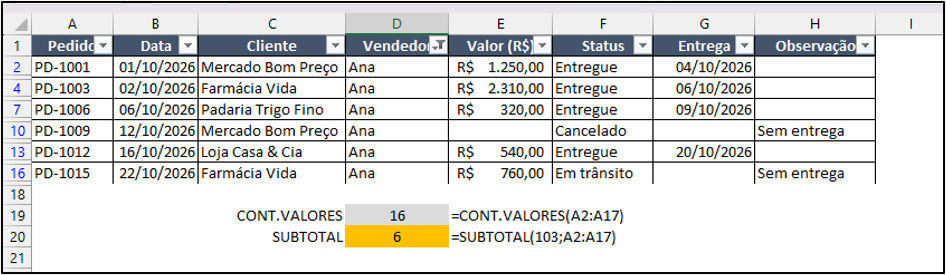 demonstração da função SUBTOTAL