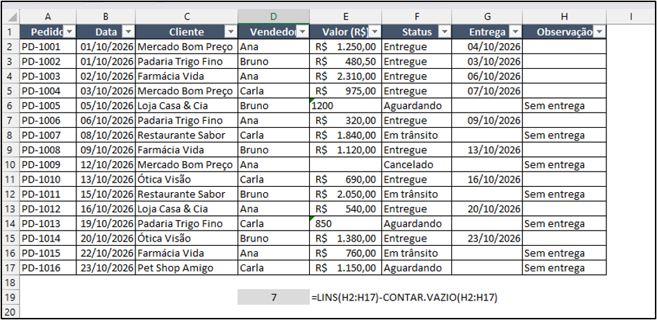 função LINS com a função CONT.VALORES